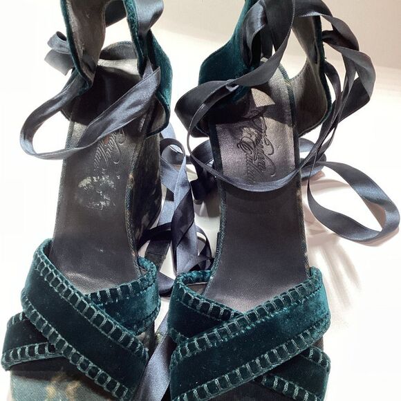 Stuart Weitzman Theodora Callum  Elegant Velvet Green Lace-Up Wedges Size‎ 8.5 - Picture 12 of 13